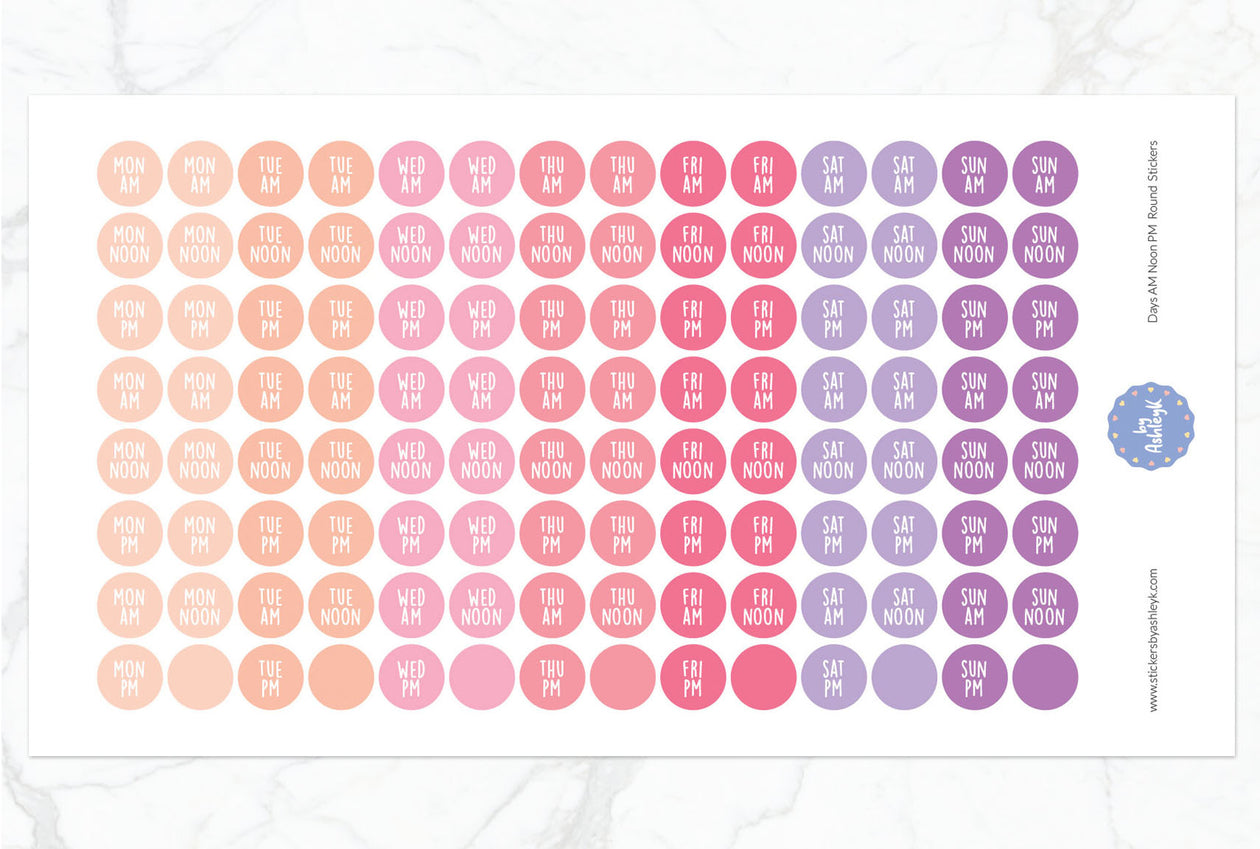 Days Am Noon Pm Round Planner Stickers - Raspberry