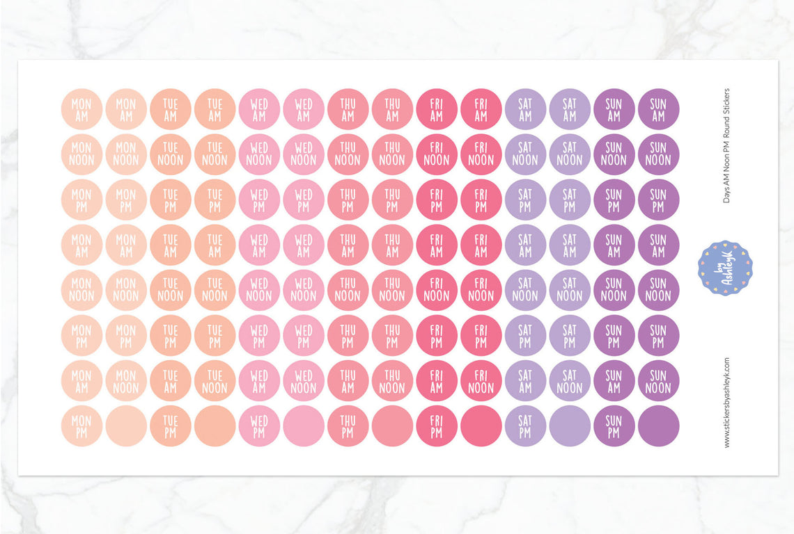 Days Am Noon Pm Round Planner Stickers - Raspberry