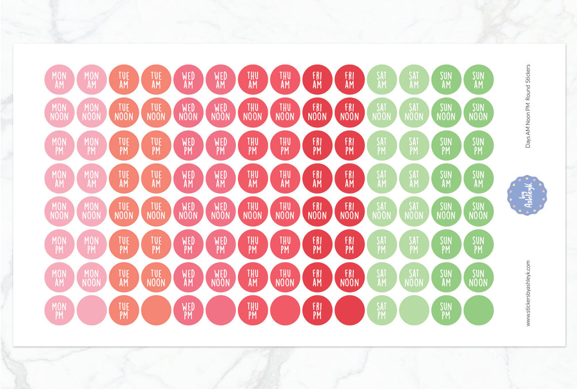 Days Am Noon Pm Round Planner Stickers - Strawberry