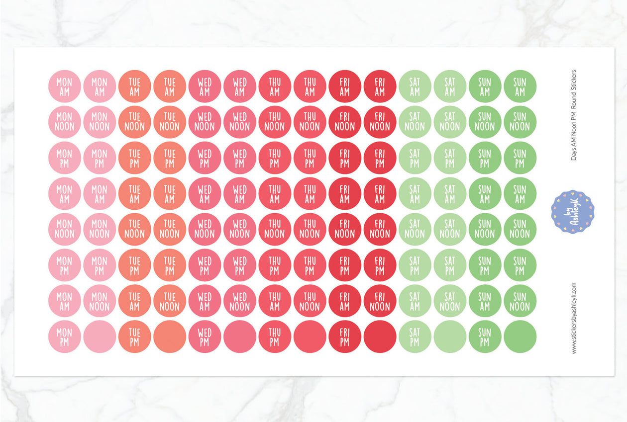 Days Am Noon Pm Round Planner Stickers - Strawberry