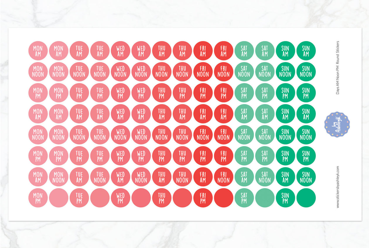 Days Am Noon Pm Round Planner Stickers - Watermelon
