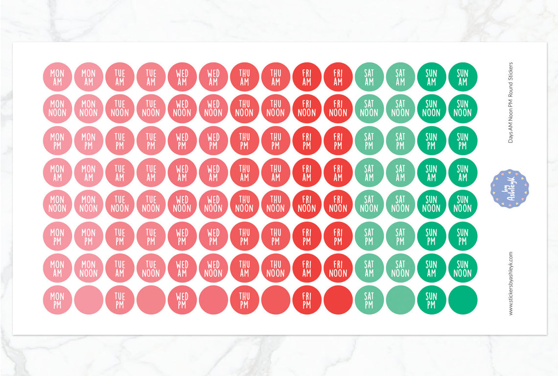 Days Am Noon Pm Round Planner Stickers - Watermelon