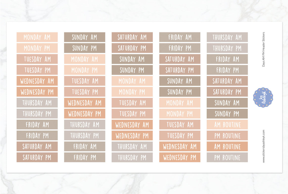 Days Am Pm Header Planner Stickers - Beige Neutral