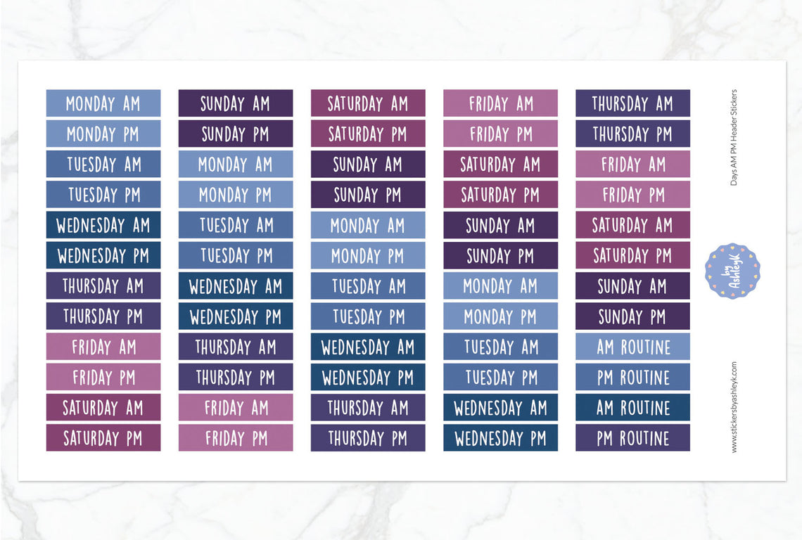 Days Am Pm Header Planner Stickers - Blueberry