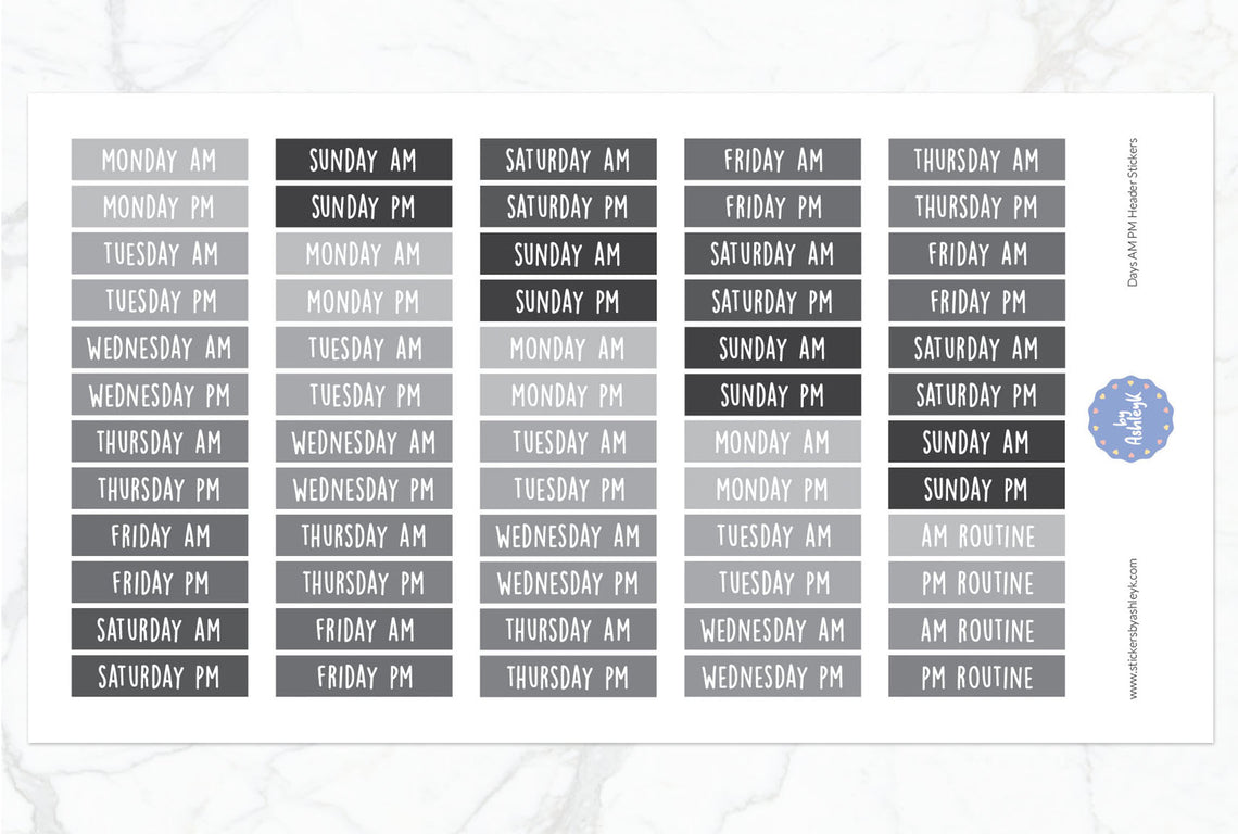 Days Am Pm Header Planner Stickers - Monochrome