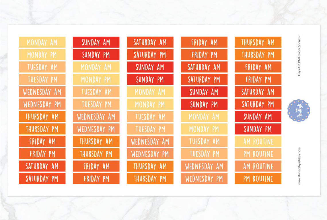 Days Am Pm Header Planner Stickers - Orange
