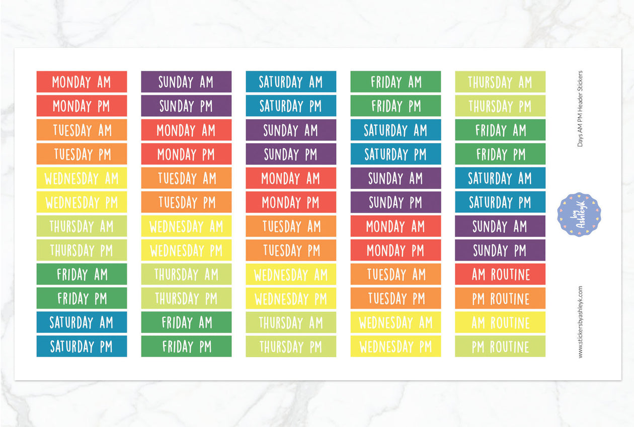 Days Am Pm Header Planner Stickers - Pastel Rainbow