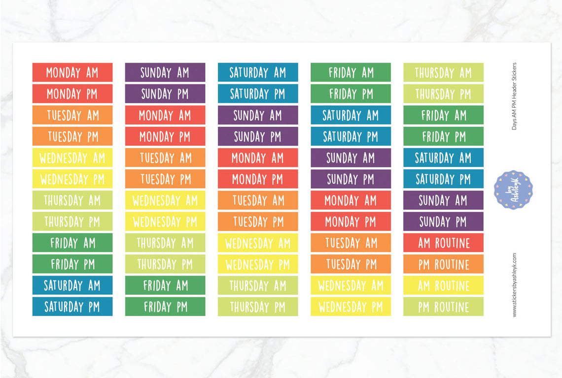 Days Am Pm Header Planner Stickers - Pastel Rainbow