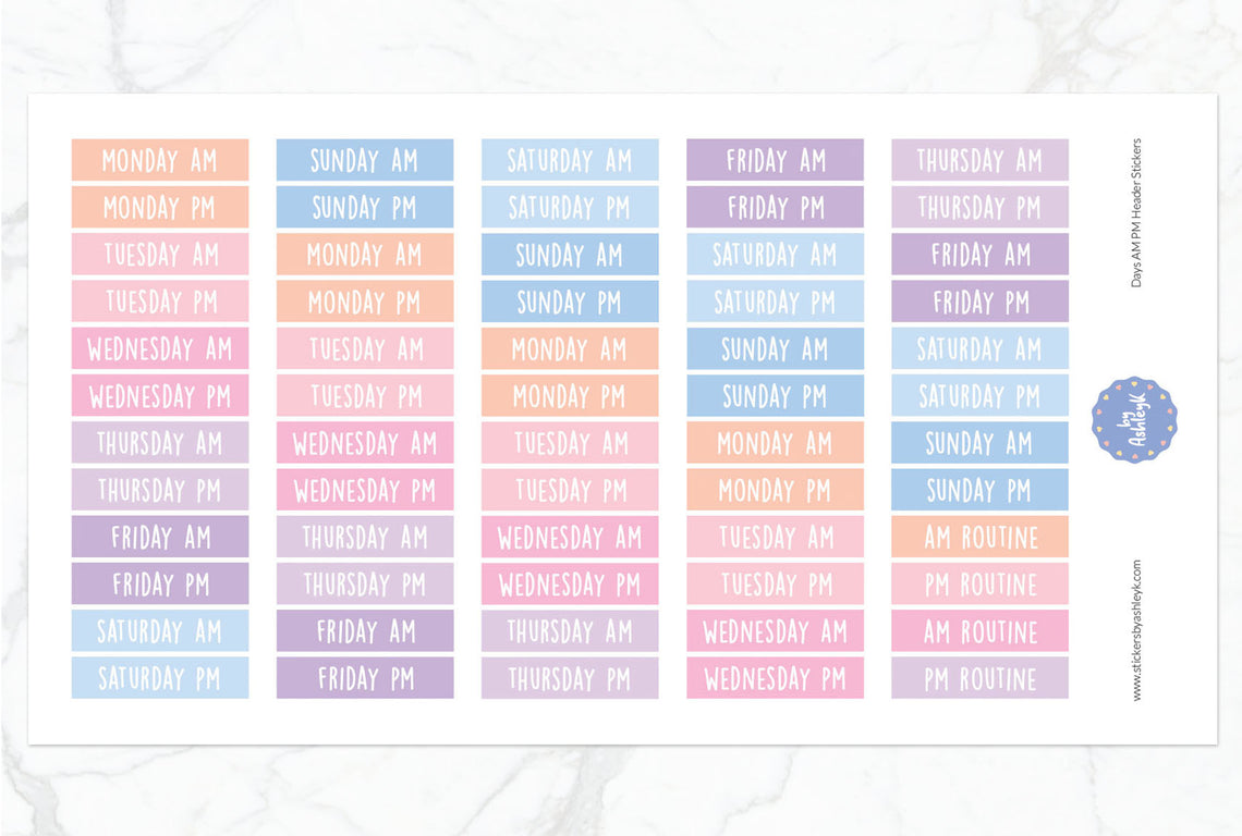 Days Am Pm Header Planner Stickers - Pastel Sunset