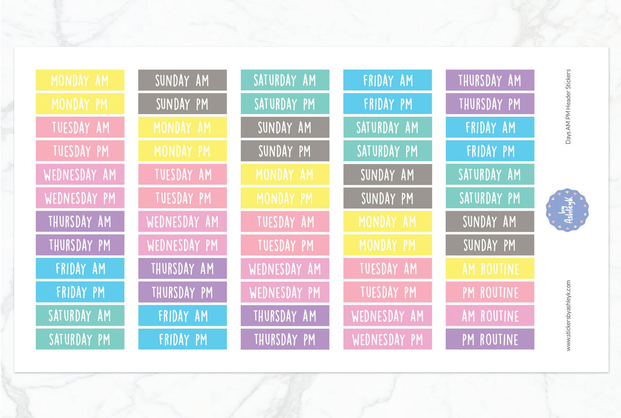 Days Am Pm Header Planner Stickers - Pastel