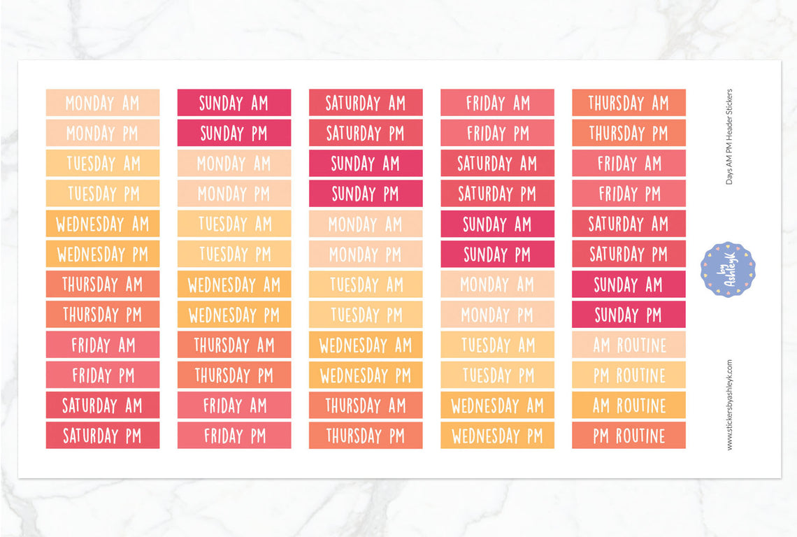 Days Am Pm Header Planner Stickers - Peach