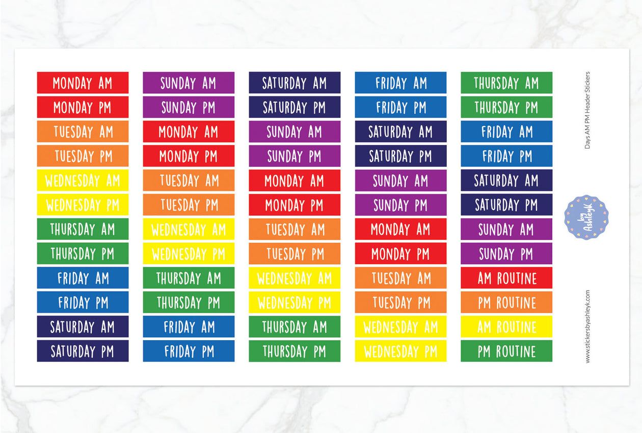 Days Am Pm Header Planner Stickers - Rainbow