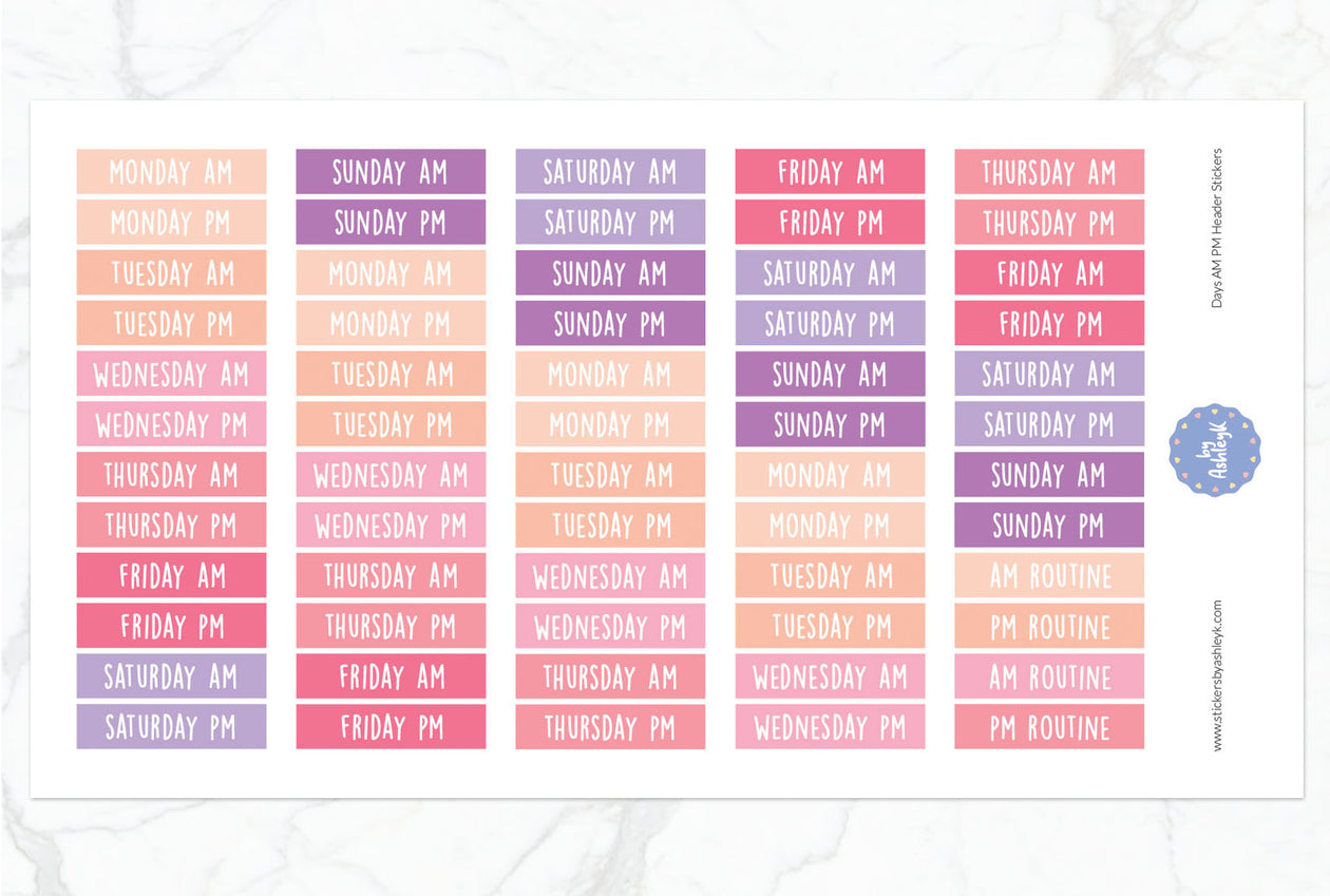 Days Am Pm Header Planner Stickers - Raspberry