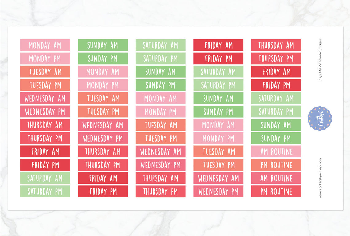 Days Am Pm Header Planner Stickers - Strawberry
