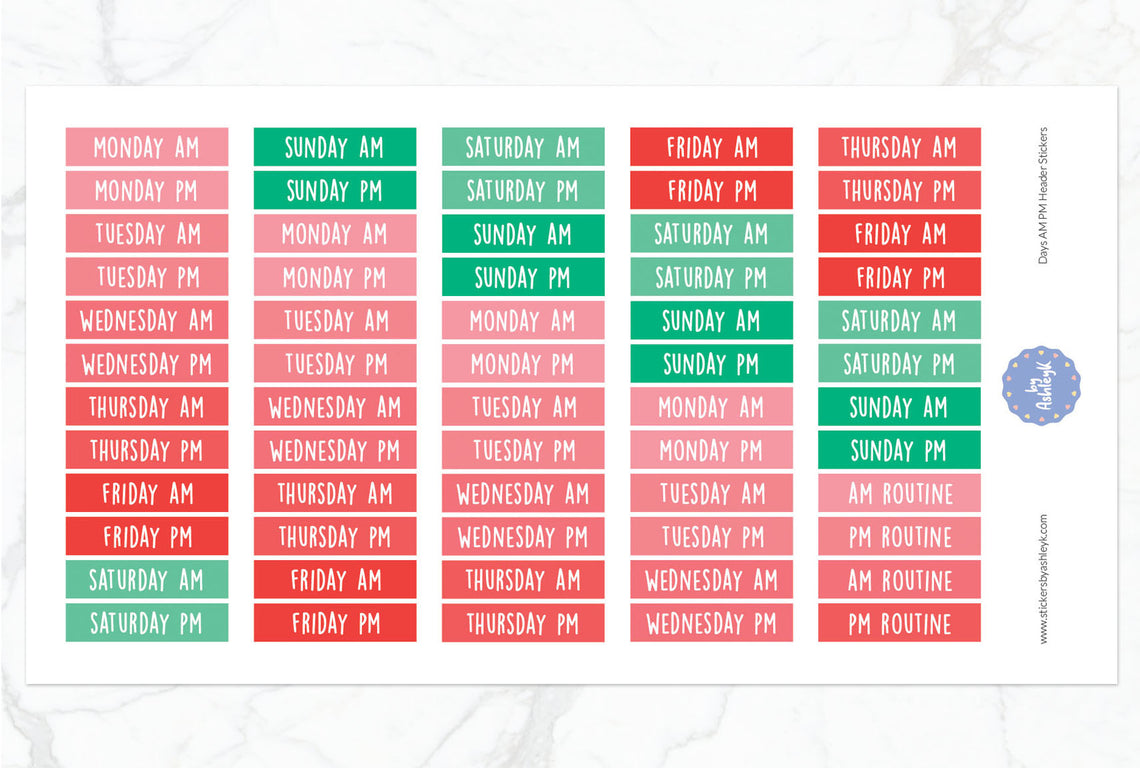 Days Am Pm Header Planner Stickers - Watermelon