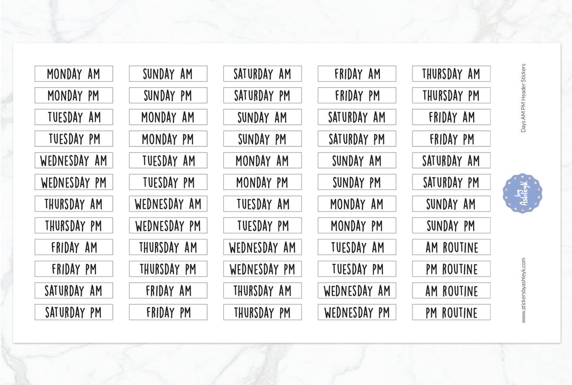 Days Am Pm Header Planner Stickers - White