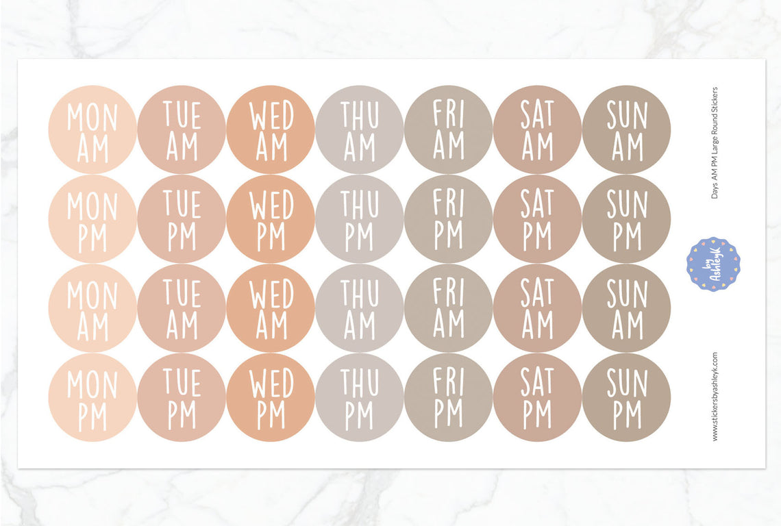 Days Am Pm Large Round Planner Stickers - Beige Neutral