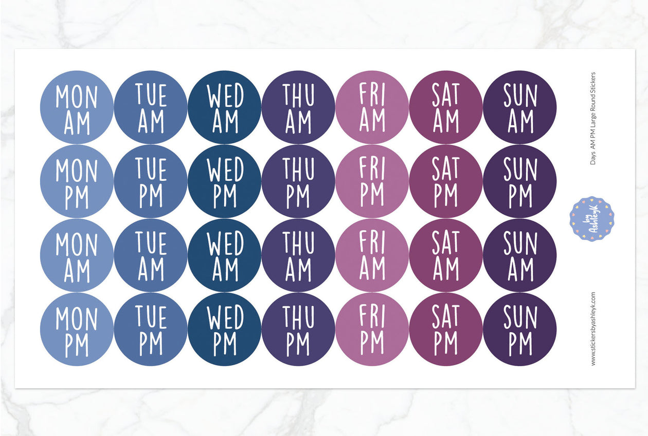 Days Am Pm Large Round Planner Stickers - Blueberry