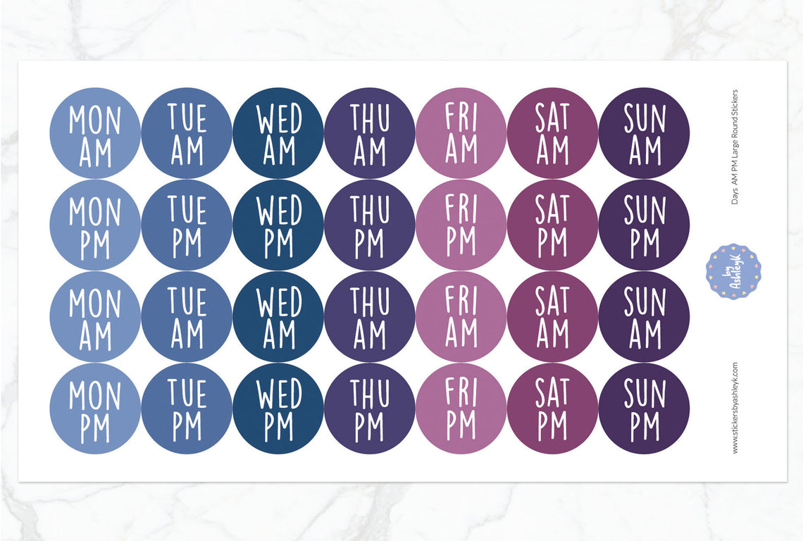 Days Am Pm Large Round Planner Stickers - Blueberry