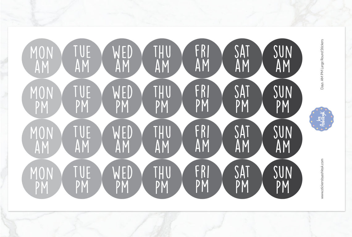 Days Am Pm Large Round Planner Stickers - Monochrome