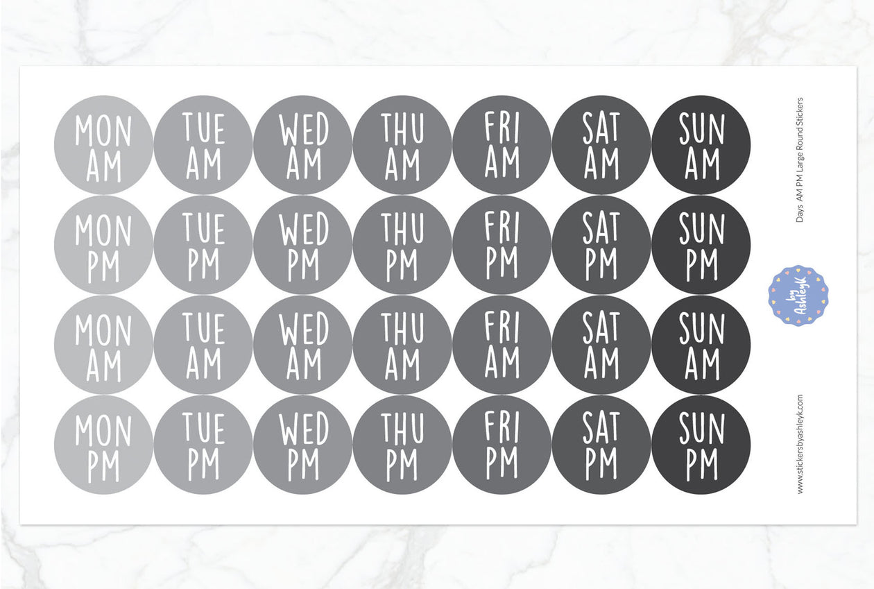 Days Am Pm Large Round Planner Stickers - Monochrome