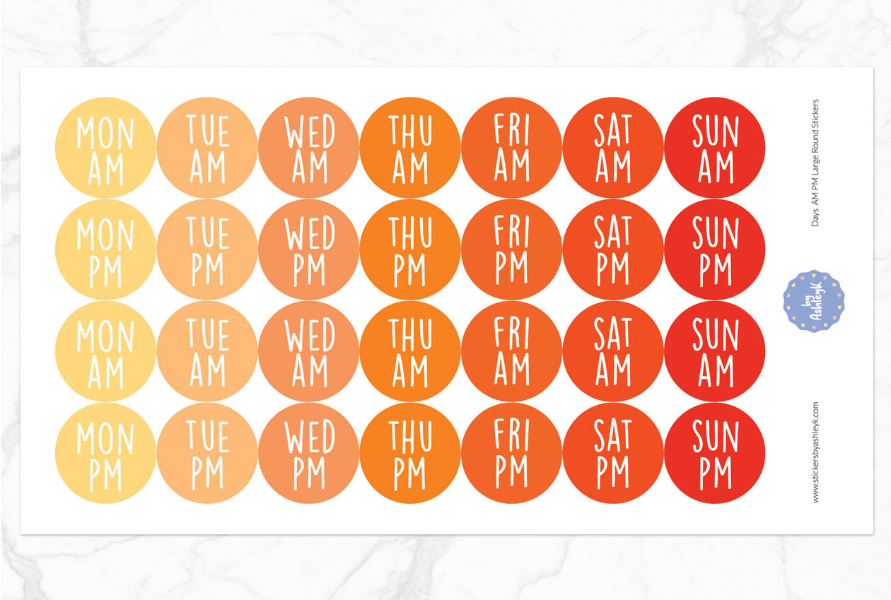 Days Am Pm Large Round Planner Stickers - Orange