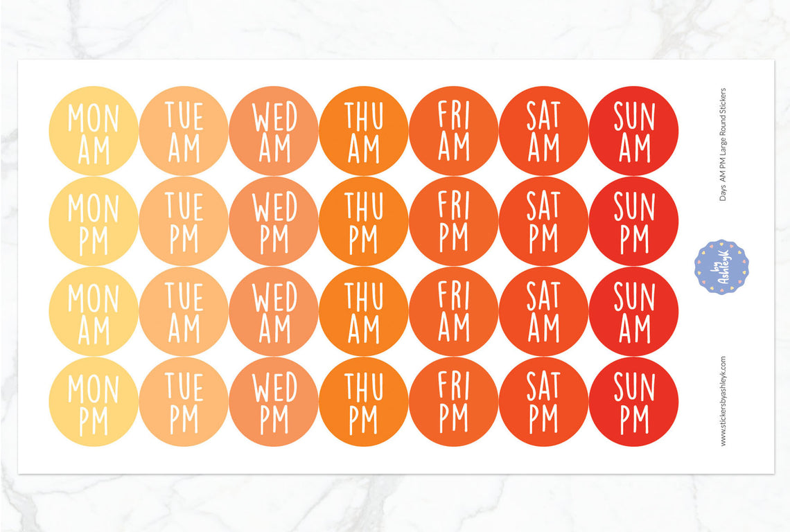 Days Am Pm Large Round Planner Stickers - Orange
