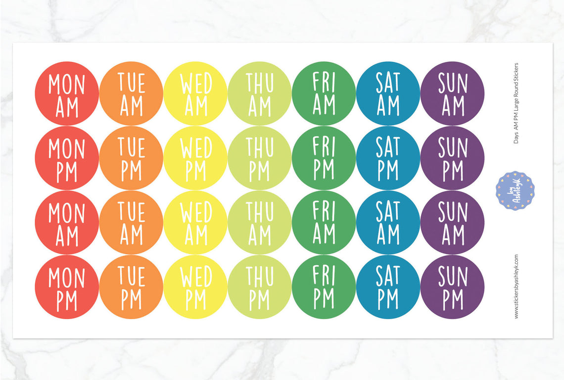 Days Am Pm Large Round Planner Stickers - Pastel Rainbow