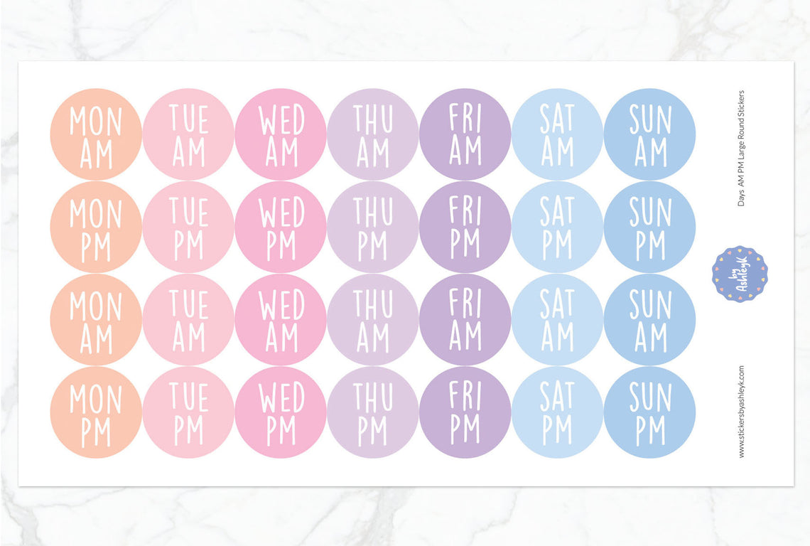 Days Am Pm Large Round Planner Stickers - Pastel Sunset