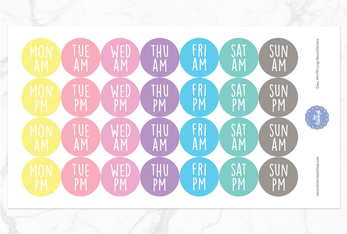 Days Am Pm Large Round Planner Stickers - Pastel