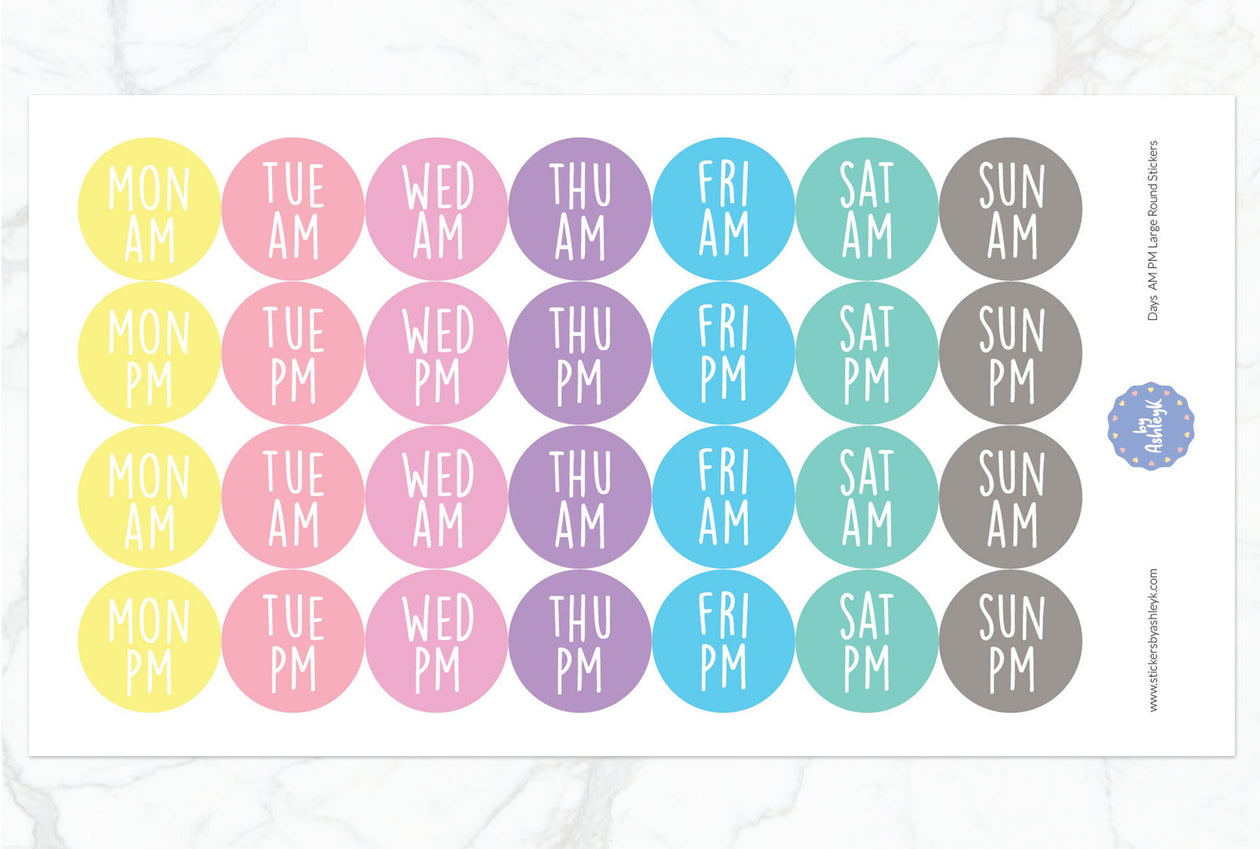 Days Am Pm Large Round Planner Stickers - Pastel