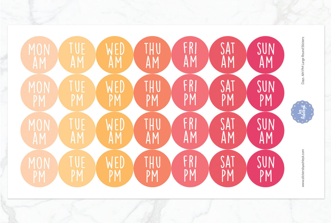 Days Am Pm Large Round Planner Stickers - Peach