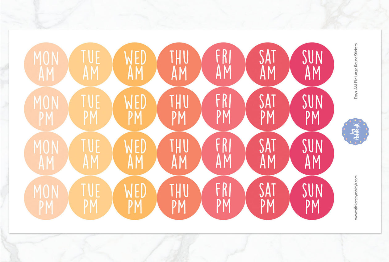 Days Am Pm Large Round Planner Stickers - Peach