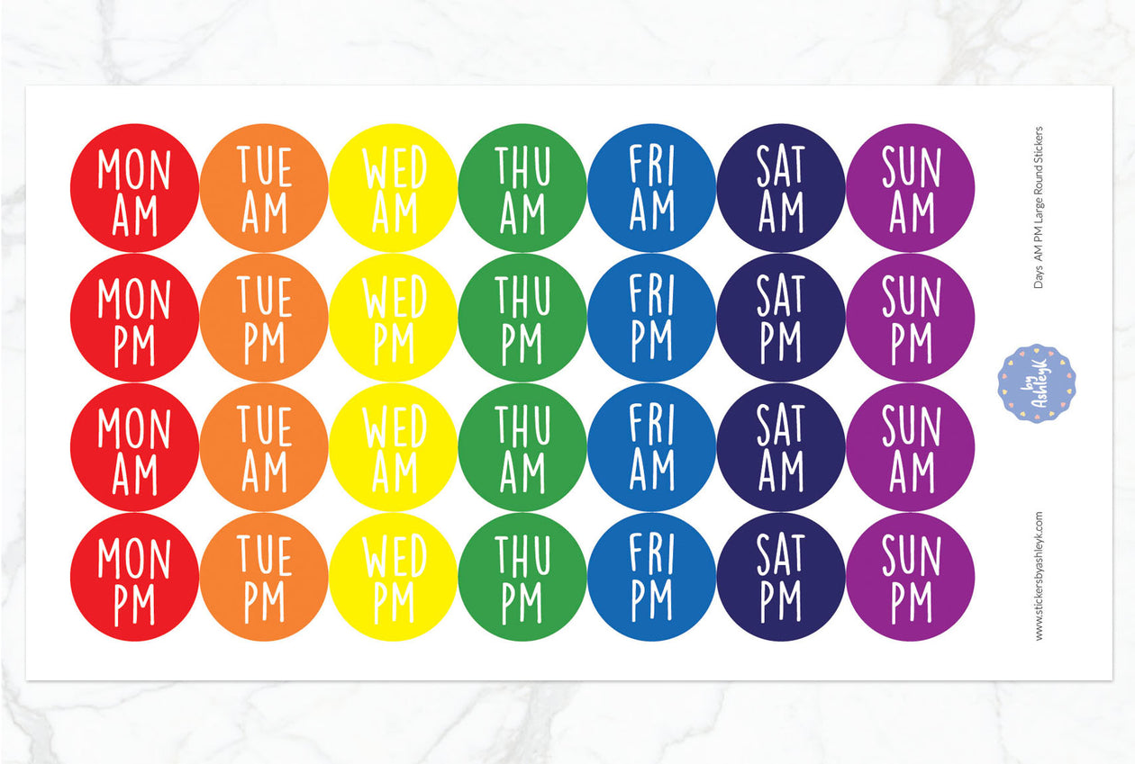Days Am Pm Large Round Planner Stickers - Rainbow