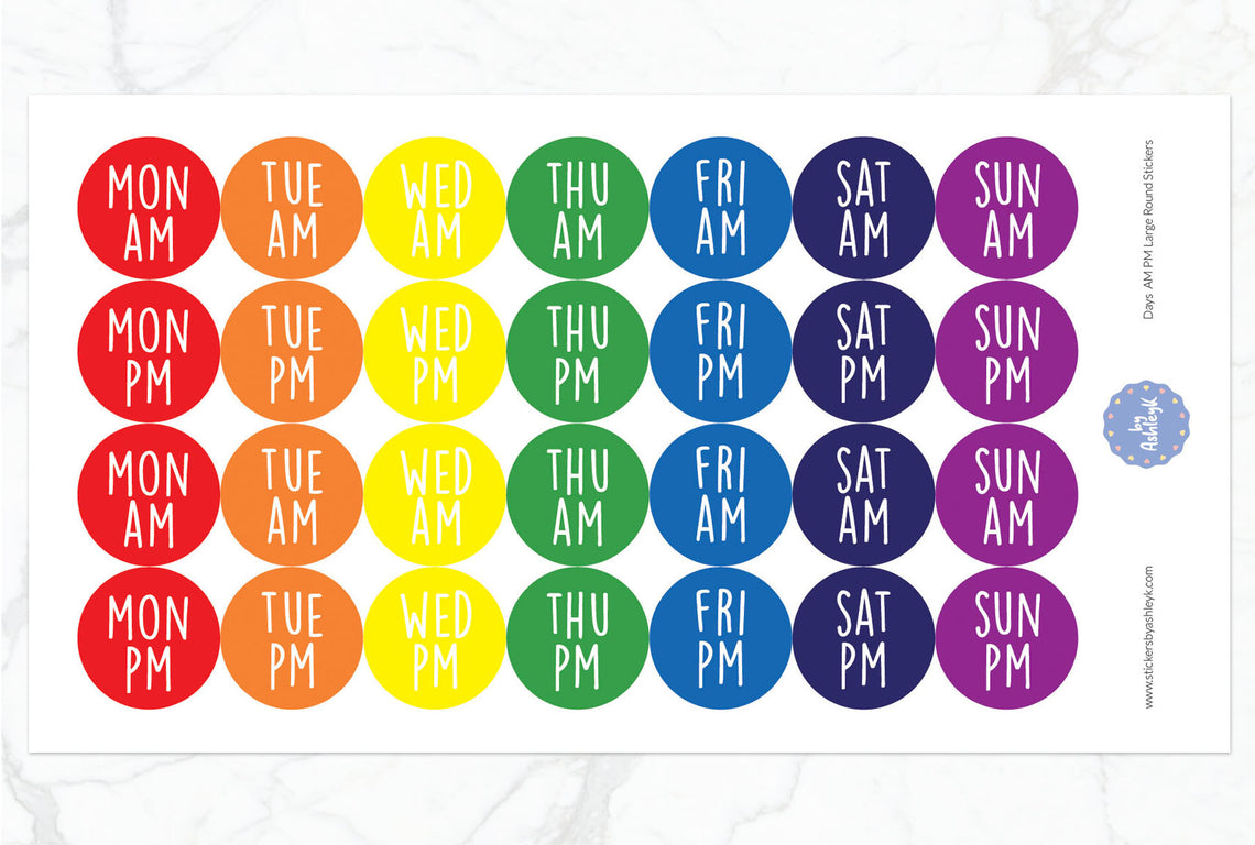 Days Am Pm Large Round Planner Stickers - Rainbow