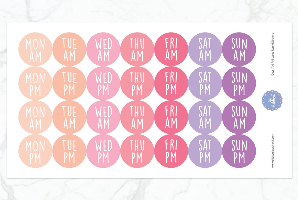 Days Am Pm Large Round Planner Stickers - Raspberry
