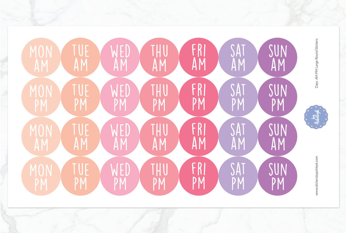 Days Am Pm Large Round Planner Stickers - Raspberry