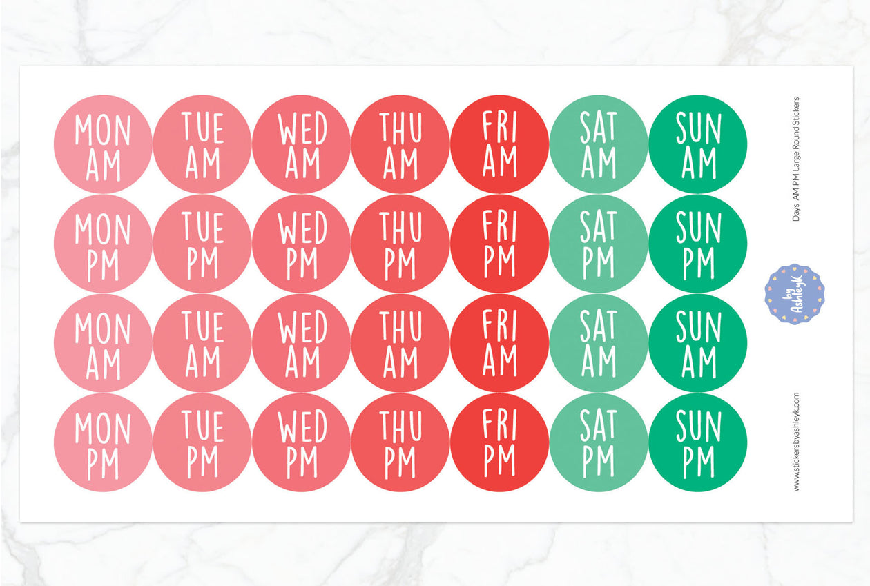 Days Am Pm Large Round Planner Stickers - Watermelon