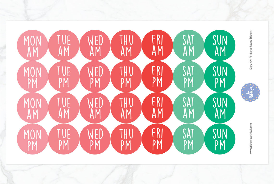 Days Am Pm Large Round Planner Stickers - Watermelon