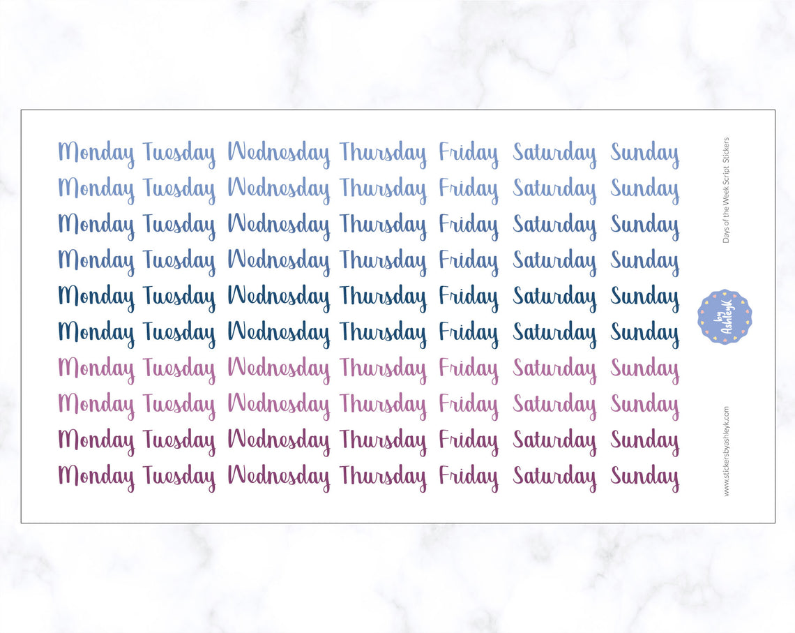 Days of the Week Script Stickers - Blueberry