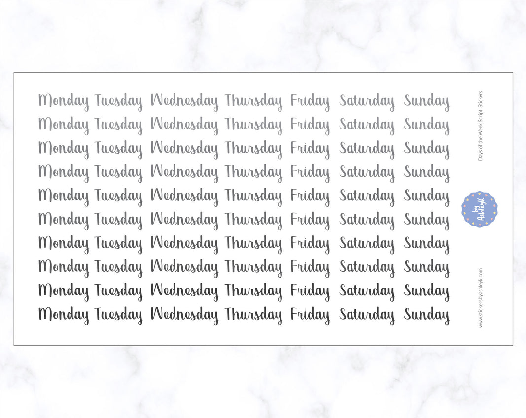 Days of the Week Script Stickers - Monochrome