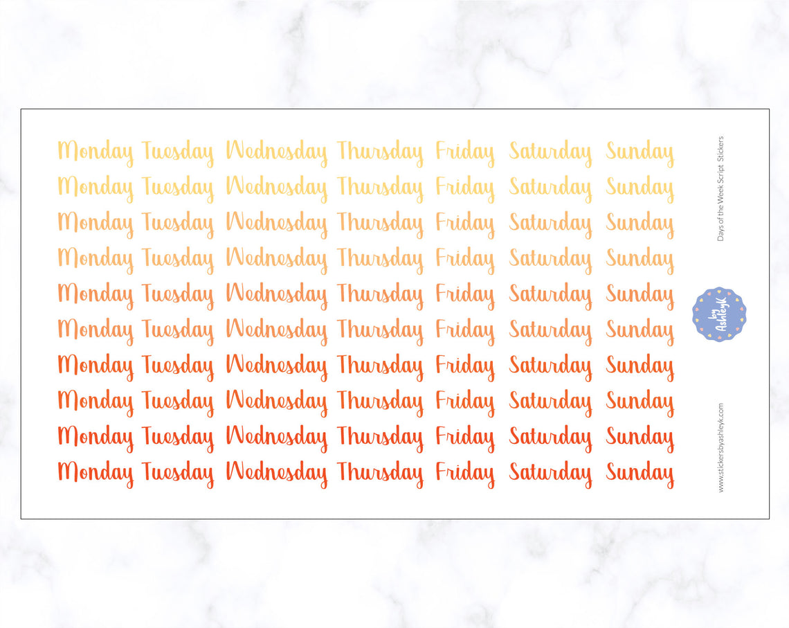 Days of the Week Script Stickers - Orange