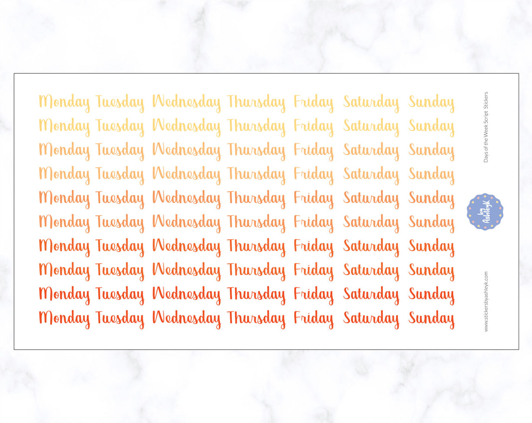 Days of the Week Script Stickers - Orange