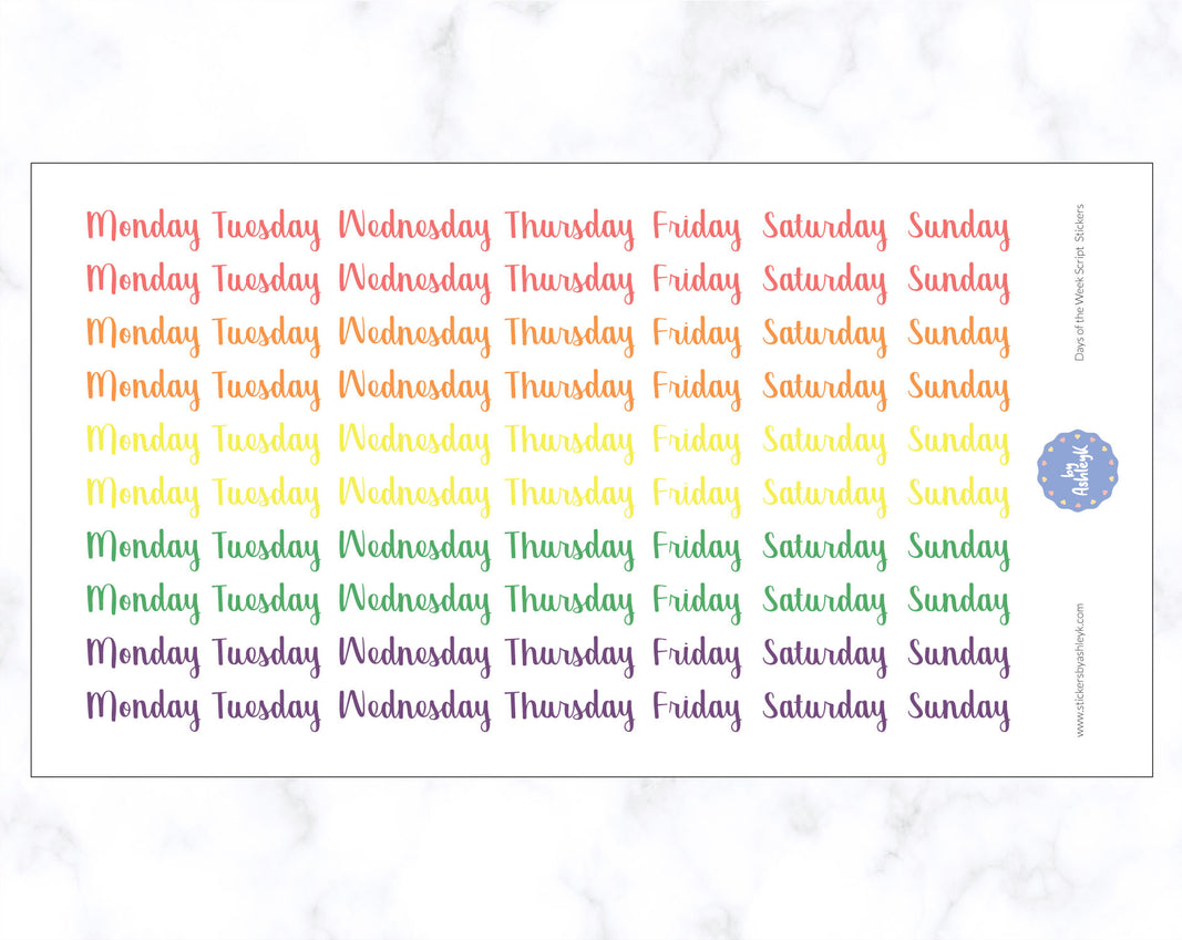 Days of the Week Script Stickers - Pastel Rainbow