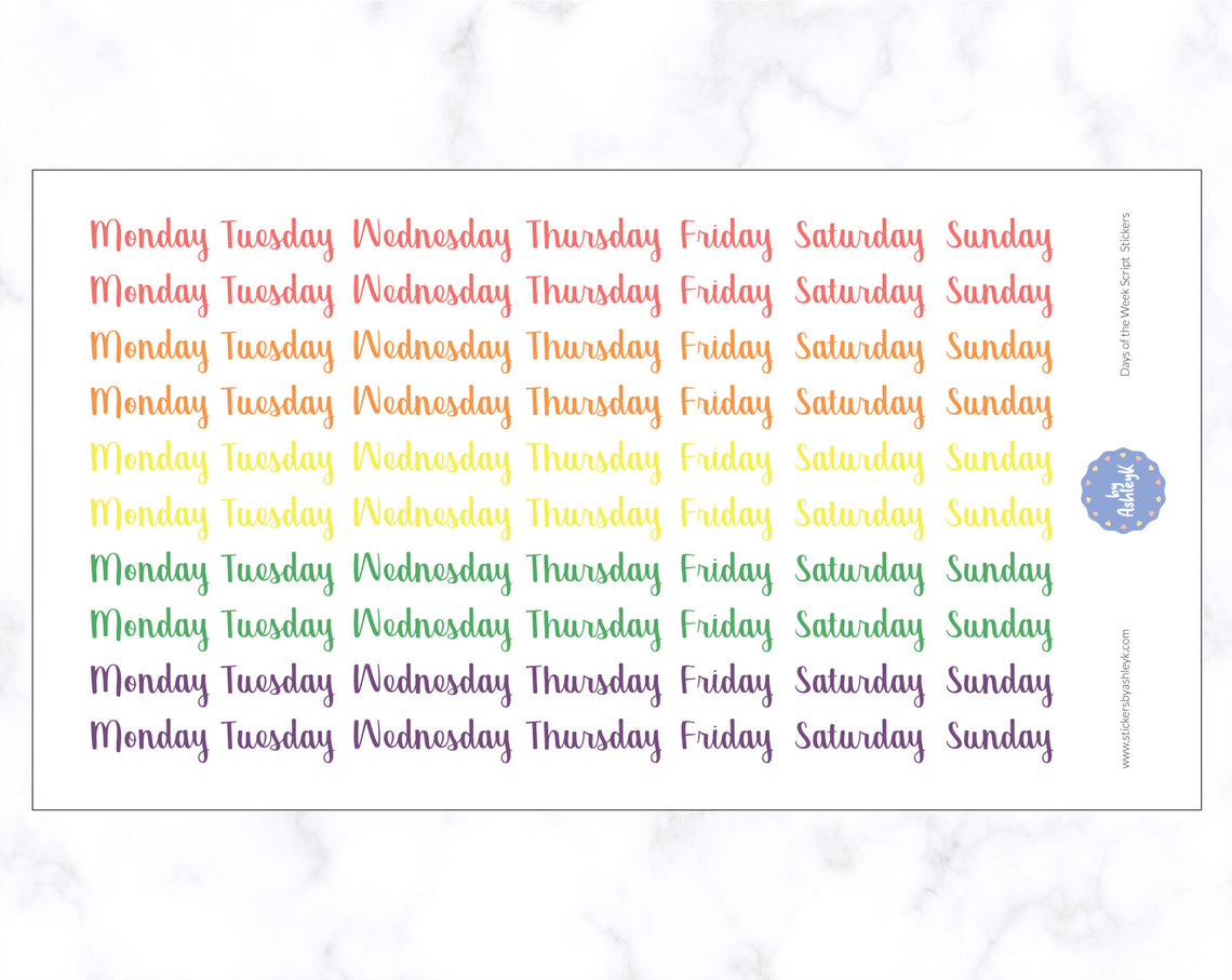 Days of the Week Script Stickers - Pastel Rainbow