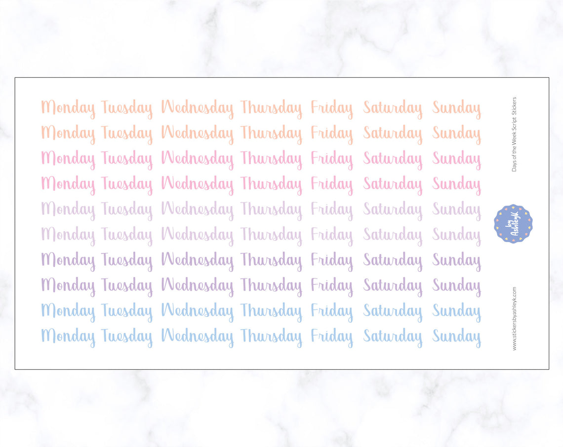 Days of the Week Script Stickers - Pastel Sunset