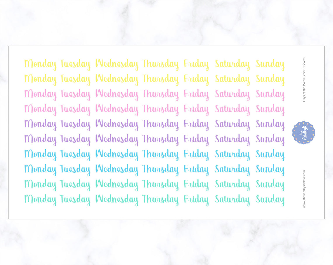 Days of the Week Script Stickers - Pastel