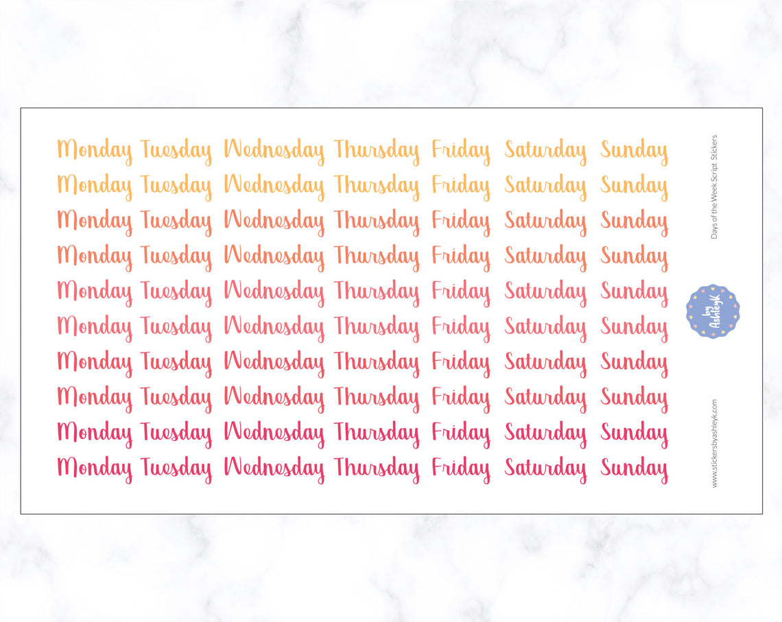 Days of the Week Script Stickers - Peach