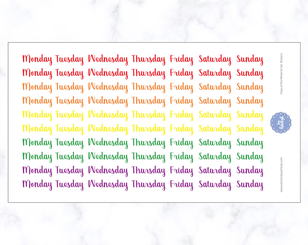 Days of the Week Script Stickers - Rainbow