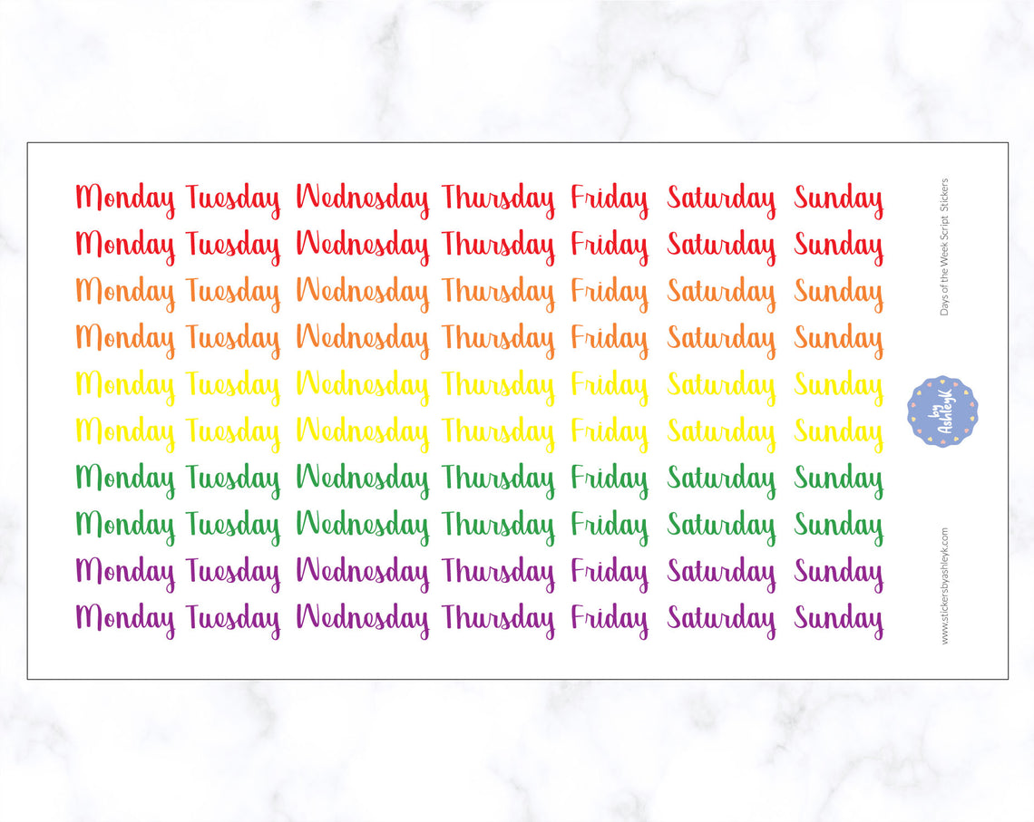 Days of the Week Script Stickers - Rainbow